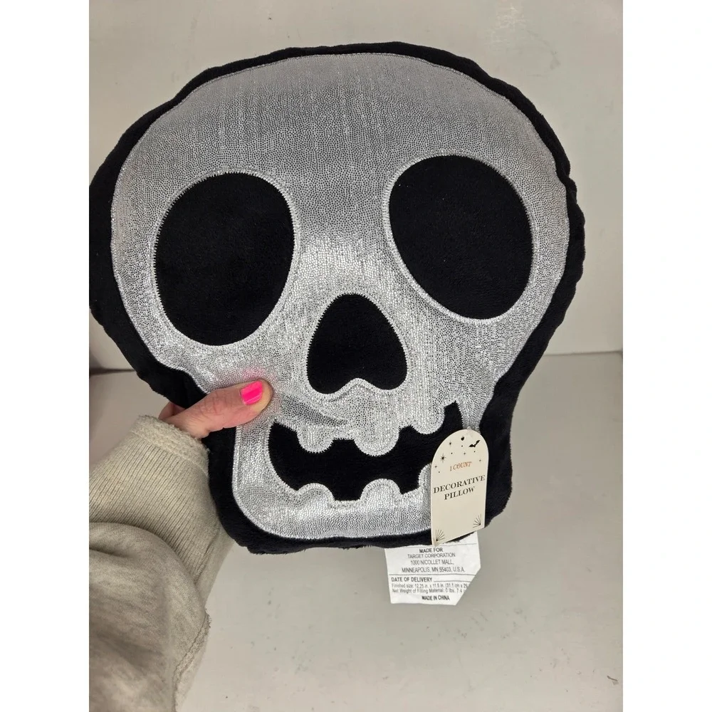 Halloween Skull Decorative Pillow Silver Metallic Black Spooky Decor Plush